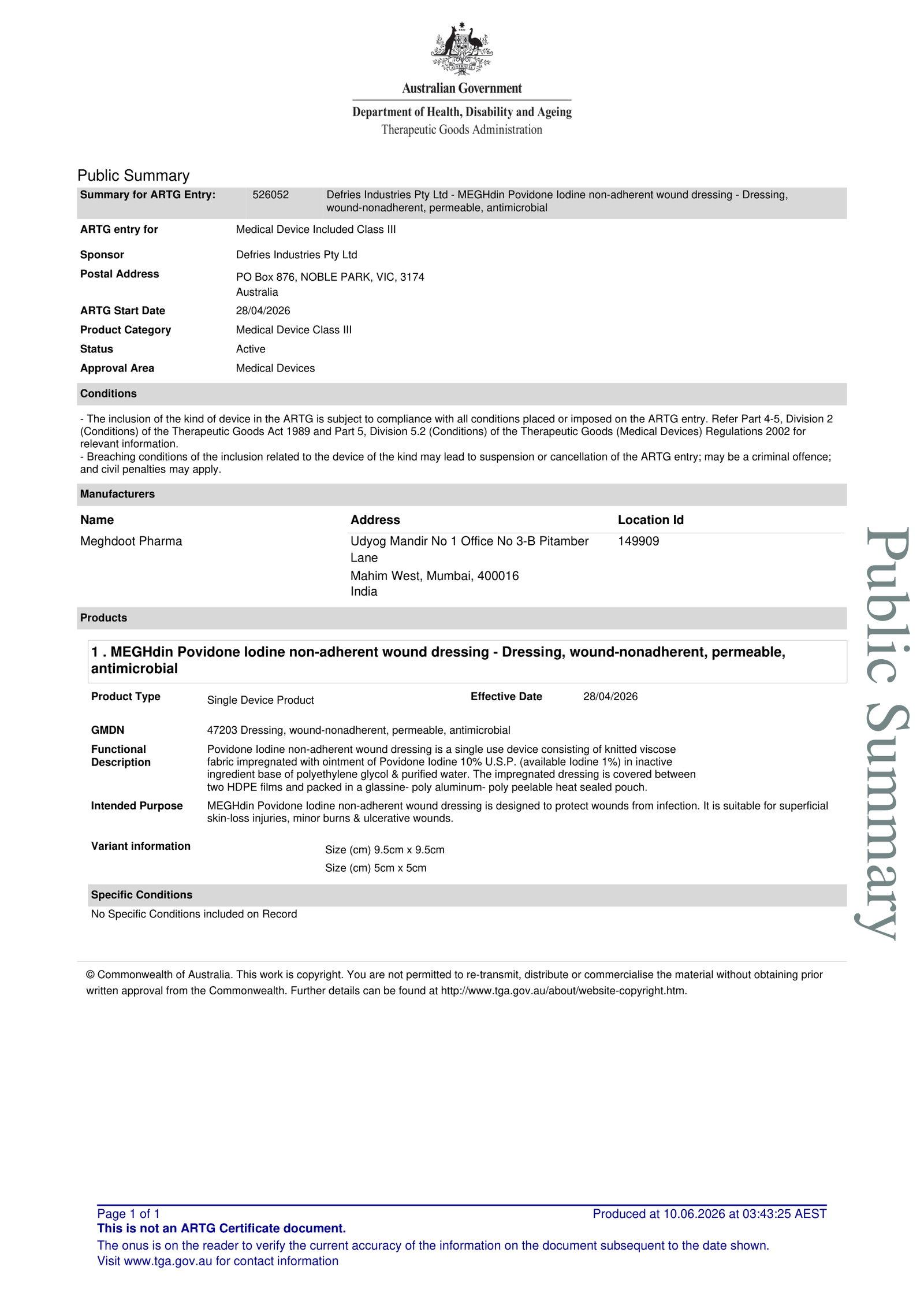 TGA ARTG Public Summary Certificate